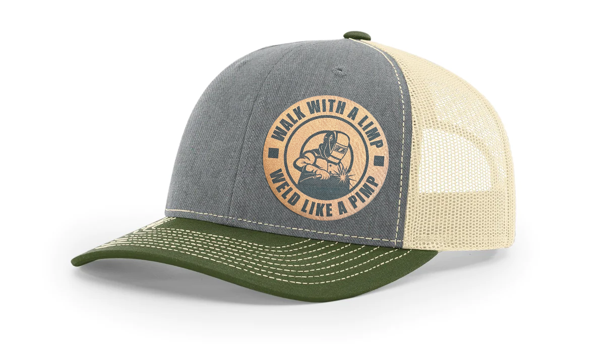 "WALK WITH A LIMP, WELD LIKE A PIMP", RICHARDSON 112 SNAPBACK TRUCKERS HAT